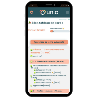 tableau de bord Unio sur téléphone